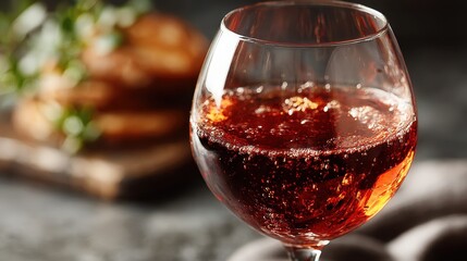Elegant Glass of Red Wine with Bubbles and Appetizers in Background