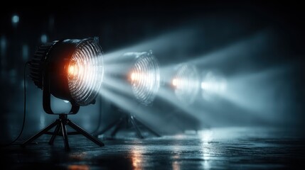 Studio Lighting Equipment with Fresnel Lens and Light Rays in Dark Room