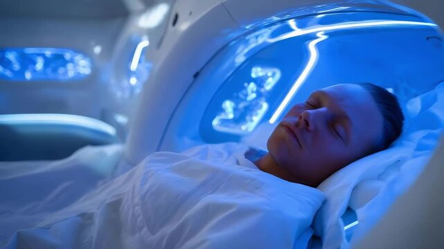 A patient lying on a medical imaging table inside a circular MRI scanner with blue lighting.