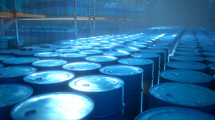 Blue barrels arranged in warehouse under natural light. Metallic sheen and orderly layout evoke industrial storage, logistics, and editorial infrastructure.