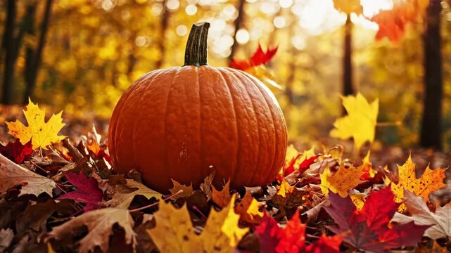 Autumn Pumpkin Still Life - A vibrant orange pumpkin sits atop a pile of colorful dry leaves in an autumn setting. The background is a blur of trees and golden sunlight, suggesting a forest or park.
