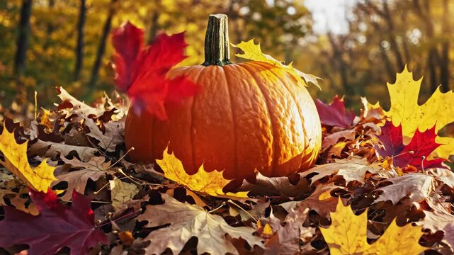 Pumpkin Amongst Autumn Leaves - An orange pumpkin sits atop a pile of dry, fallen leaves in an autumn-themed setting. The leaves are a mix of red, yellow, and brown, creating a colorful fall scene.