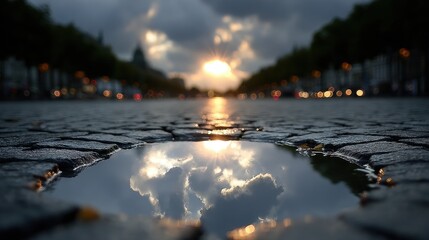 Sunset Reflection in Puddle on Cobblestone Street with Bokeh Lights