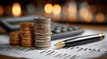 Stacks of Coins with Calculator and Pen on Financial Chart Background