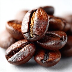 Close-up of Roasted Coffee Beans Pile, Aromatic Fresh Coffee Concept