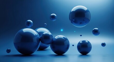 Glossy blue spheres float against a gradient backdrop with a few points of light