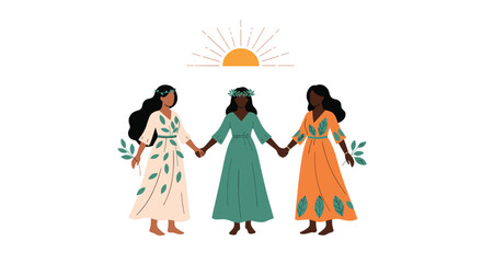 Three diverse women in nature-inspired dresses and leaf crowns hold hands under a sun, symbolizing unity, sisterhood, and connection.