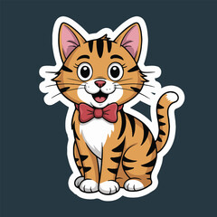 Cartoon sticker of a tabby cat sitting with a red bow tie on a dark background illustration
