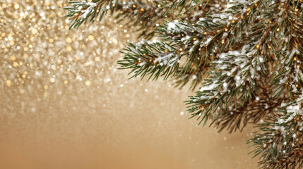 Snowy Pine Branch on Glittery Gold Background with Copy Space
