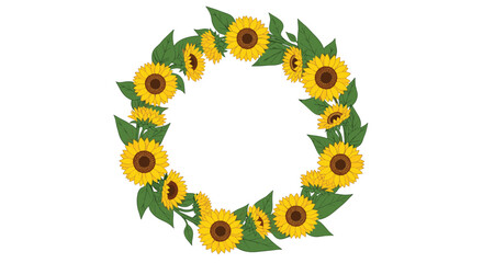 A vibrant circular wreath of yellow sunflowers and green leaves forming a beautiful floral frame, perfect for summer designs and natural motifs.