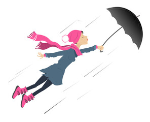 Cold and windy day. A young woman in warm clothes with an umbrella flies caught with a strong wind. Isolated on white background