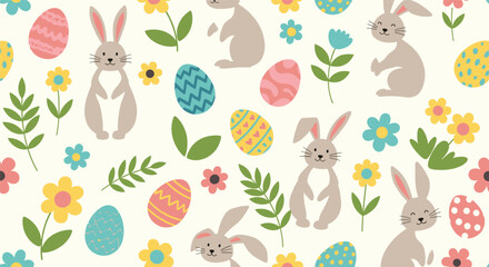 Cute seamless pattern with Easter bunnies, colorful eggs, and spring flowers on a light background.