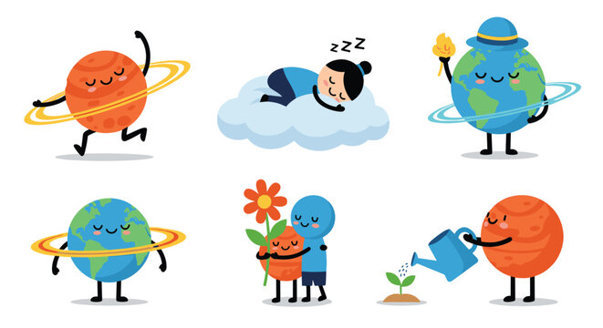 A whimsical collection of cartoon illustrations featuring planets and a person engaging in acts of care, relaxation, and environmental appreciation.