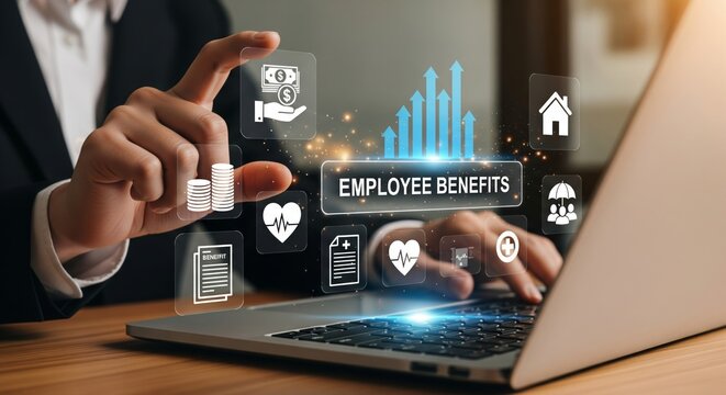 Employee Benefits Hologram Over Laptop &mdash; Rising Arrows, Cash Hand and Coin Stack