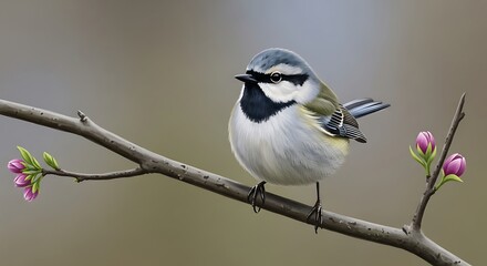 Obraz premium Golden-crowned Kinglet on a Branch with Blossoms in Springtime.
