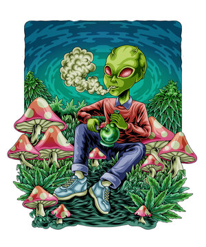 Alien smoking marijuana with bong design  illustration with premium quality vector