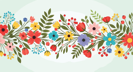 Cheerful horizontal border of colorful flat-design flowers and green leaves on a soft light green background.