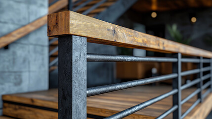 Industrial Loft Style Stair Railing with Metal and Wood Close Up Detail and Soft Bokeh Background
