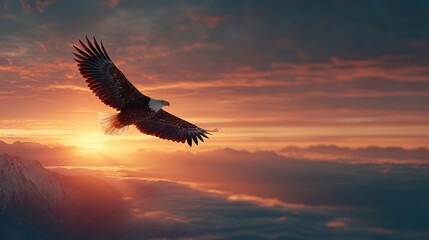 Majestic Bald Eagle Soaring Above Clouds at Dramatic Sunset, Freedom Concept