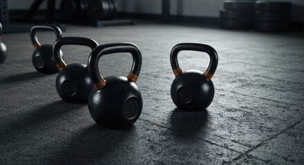 Group of black kettlebells with orange accents arranged on a concrete gym floor