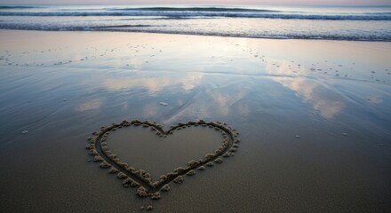 Heart drawn in wet sand on a beach at dusk, waves receding under a soft, pastel sky