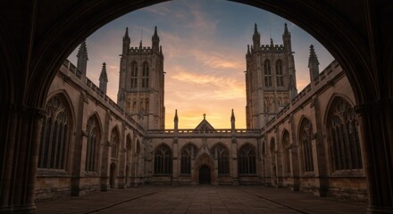 Historic stone cloister reveals sunset view between towers, with archway framing the scene