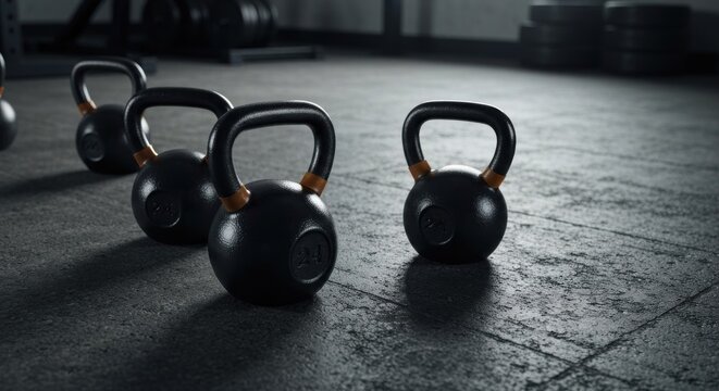 Group of black kettlebells with orange accents arranged on a concrete gym floor