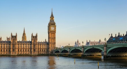 Naklejka premium Iconic clock tower with adjoining Parliament buildings, bridge, and river under a clear sky