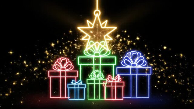Neon Christmas Gifts with Star Ornament - This video shows Christmas gifts outlined with glowing neon lights in red, green, and blue, stacked in different sizes.