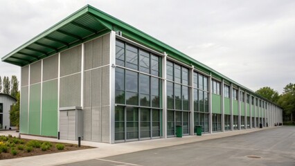clean air initiative Modern building with green accents and large glass windows in a landscaped environment.