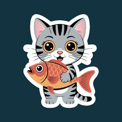 A cartoon cat sticker holding a large orange fish with a dark blue background illustration art