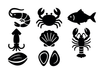 Vector Collection of sea creatures: shrimp, crab, fish, squid, shellfish, lobster icons