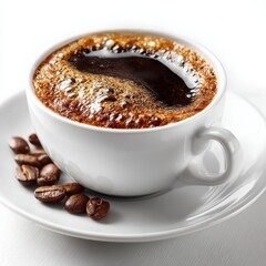 Aromatic Fresh Brewed Coffee in White Cup with Coffee Beans on Saucer