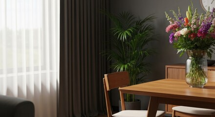 Fototapeta premium Interior scene with dining table, flowers, window, curtains, and a potted plant