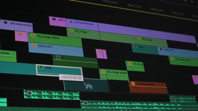 Video Editing Timeline on Professional Software Interface, Colorful clips and sound tracks arranged on a video editing timeline in post production