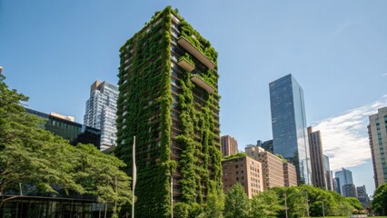 Fototapeta premium urban air pollution solutions Sustainable green building surrounded by urban skyscrapers under a clear blue sky.