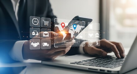 Procurement Hologram Over Hands and Laptop — Global Map with Location Pins and Logistics