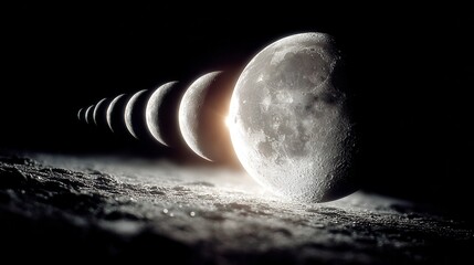 Moon Phases Sequence, Lunar Cycle Progression in Dark Space, Science Concept