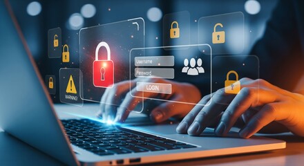 Red Padlock Hologram and Login Panel Over Laptop — Cybersecurity Warning
