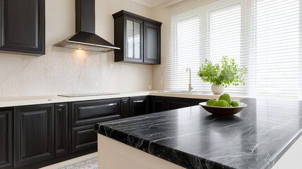 Corner View of Luxurious Kitchen with Ebony Cabinets and Marble Countertop