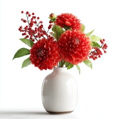Elegant Red Dahlia Flowers and Berries in a White Ceramic Vase Still Life