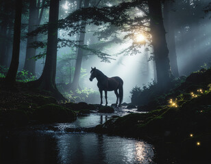 Mystical Horse in Enchanted Forest with Magical Light