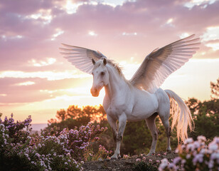 Majestic Pegasus at Rosy Sunset in Blooming Meadow