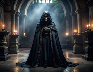 The Grim Figure in Gothic Cathedral Cloaked in Shadows