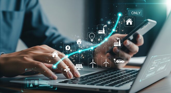 Renewable Energy Dashboard Hologram Over Laptop — Solar, Wind, EV Charger and Factory Icons
