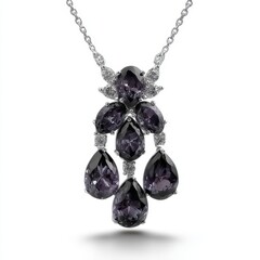 Elegant Silver Necklace with Purple Gemstones and Diamond Accents on White