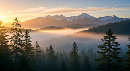 Majestic Mountain Vista - A Serene Dawn Over Misty Peaks.