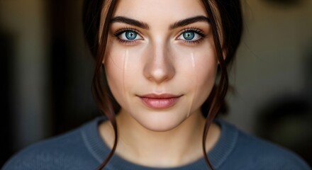 A close-up portrait of a young woman with braided hair, blue eyes, and emotional tears streaming down her face, expressing vulnerability and depth in a natural setting.