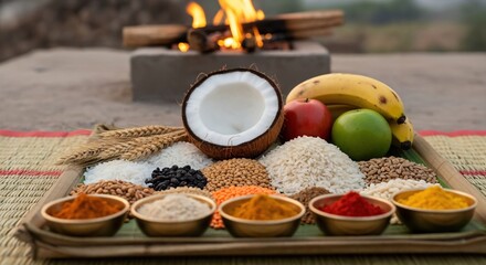 A Vibrant Display of Traditional Spices and Fruits on a Rustic Table Near a Warm Fire, Featuring Coconut, Granular Ingredients, and Fresh Produce