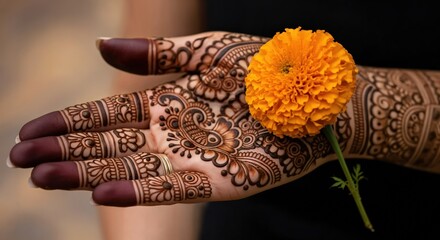 A close-up of a young woman's hand adorned with intricate henna designs, holding a vibrant marigold flower against a blurred background, symbolizing tradition and beauty.